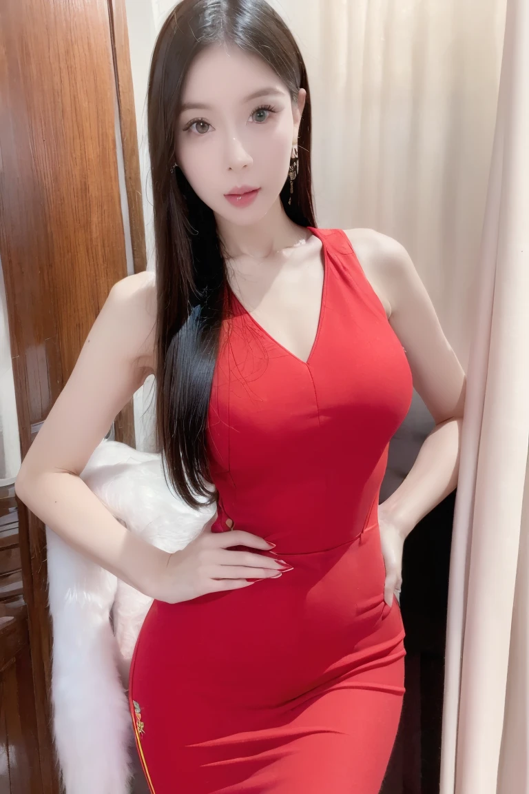 a woman in a red qipao dress, hands on hips, facing the camera, blurred background lighting, VHS video look, vintage VHS noise, professional dancer vibe