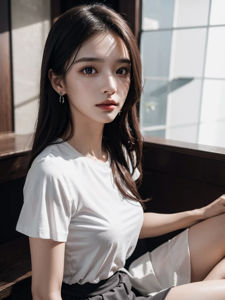 absurdres, RAW photo, extremely delicate and beautiful, masterpiece, Best Quality, ultra high resolution, 32k, hyperrealistic, ultra-detailed, perfect anatomy, super Detailed skin, perfect figure, Super Beauty, Perfect Style, Perfect balance, Beautiful Lighting, Perfect Lightning, Realistic Shadows, 20 years old, very Slim body, narrow waist, very small head, very small face, delicate facial features, handsome detailed woman, very detailed eyes and face, realistic face proportions, Realistic beautiful face, Realistic beautiful eyes, tearful mole, earring, very huge round breasts, legs, medium hair, whole body shot, indoor, tight black skirt, White t-shirt,