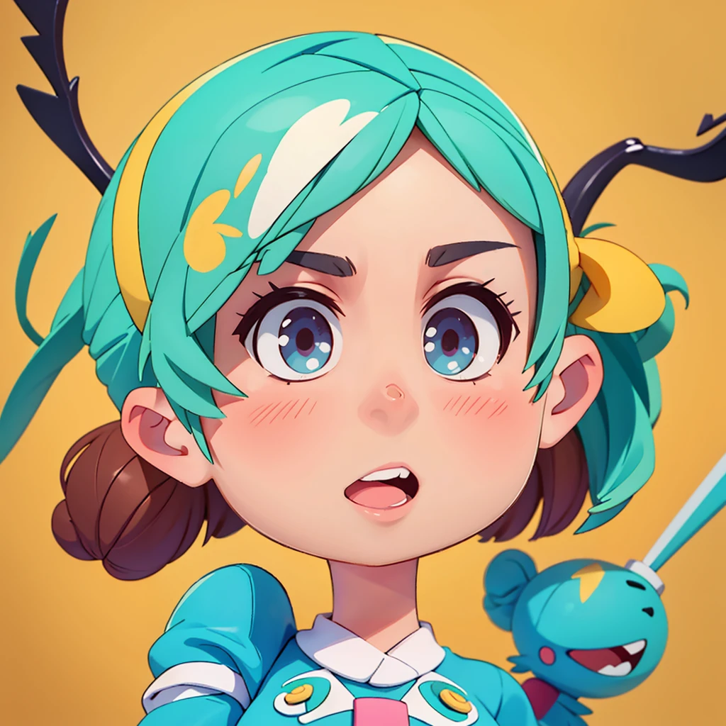 Short hair twin tail girl、Girl with Half Twin Tails、by 2 person、Facing each other、Gazing at friendly viewers、Face close-up、Pointing at the audience