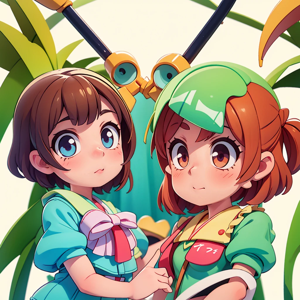 Short hair twin tail girl、Girl with Half Twin Tails、by 2 person、Facing each other、Gazing at friendly viewers、Face close-up、Pointing at the audience