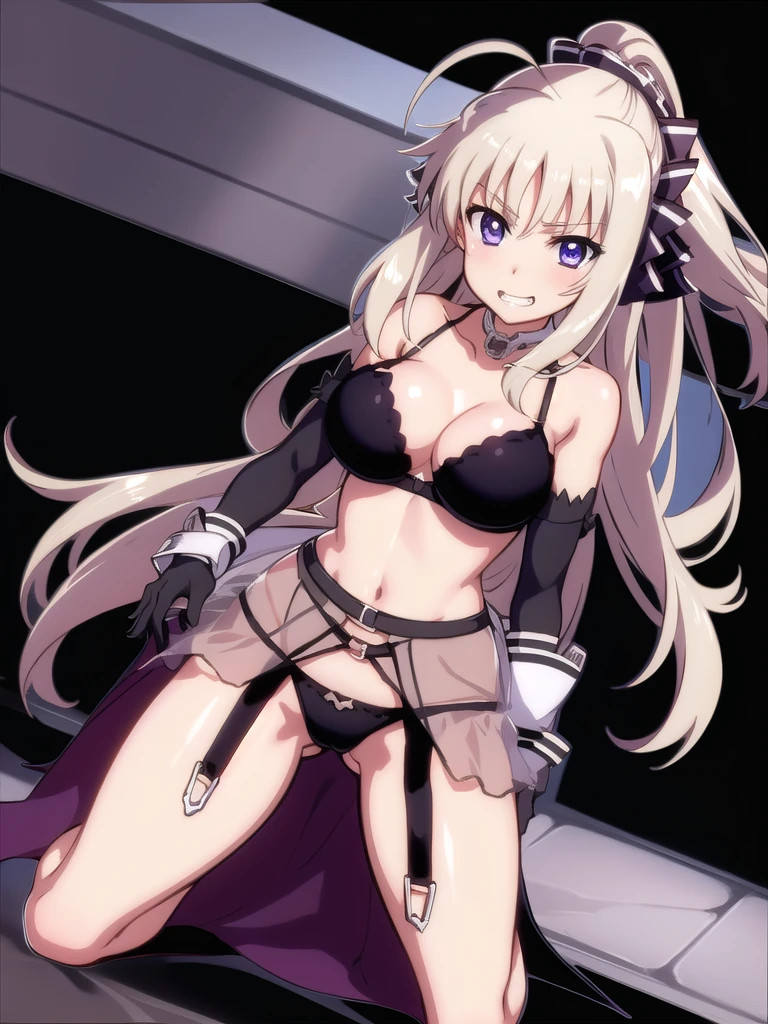 prison, from below, femdom, dominatrix, ((looking at viewer)), female standing, evil grin, bare shoulders, black bustier, black stockings, black g-string, black high heels, black garter belt, black elbow gloves, ((full body)),
One girl, Long Hair, Purple eyes, chest, Ahoge, very Long Hair, large breasts, ribbon, hair ribbon, ponytail, bangs,