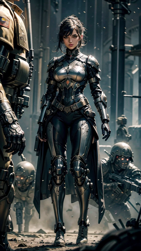 A realistic and detailed image of a woman in a gothic futuristic military uniform in a battlefield, commanding soldiers and surreal creatures. Among the ranks of soldiers and mythological creatures, there also stand some cyborgs, with mechanical parts integrated into their bodies. Alongside the cyborgs, surreal fantasy creatures move gracefully, their shapes and features defying reality. On the woman's chest, the military insignia shines, a sign of her rank and authority