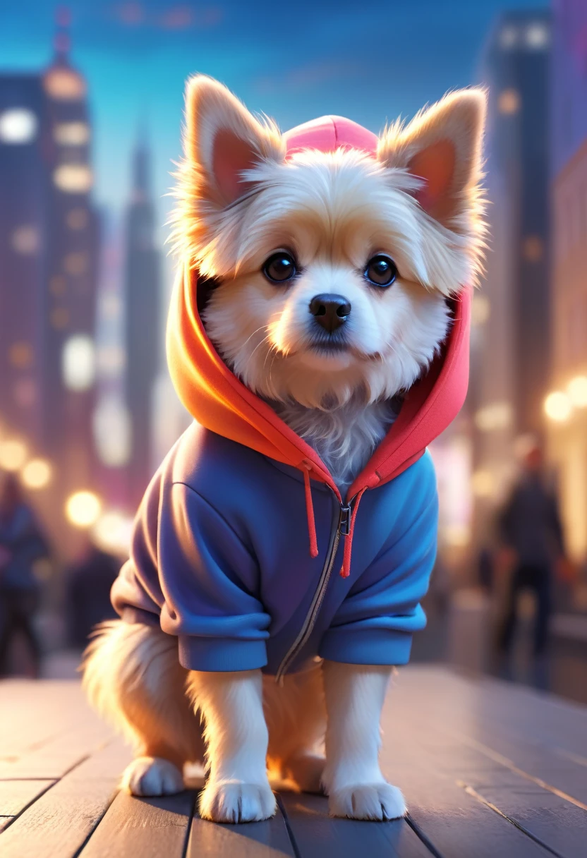 Cute dog，Hairy，Wearing a hoodie, blurred city background, 3D Rendering, Bright light, Vibrant colors,