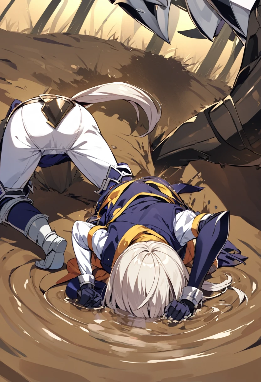 horse riddn by japanese girl can't move because riding horse stuck in the muddy pitfall,girl of knight