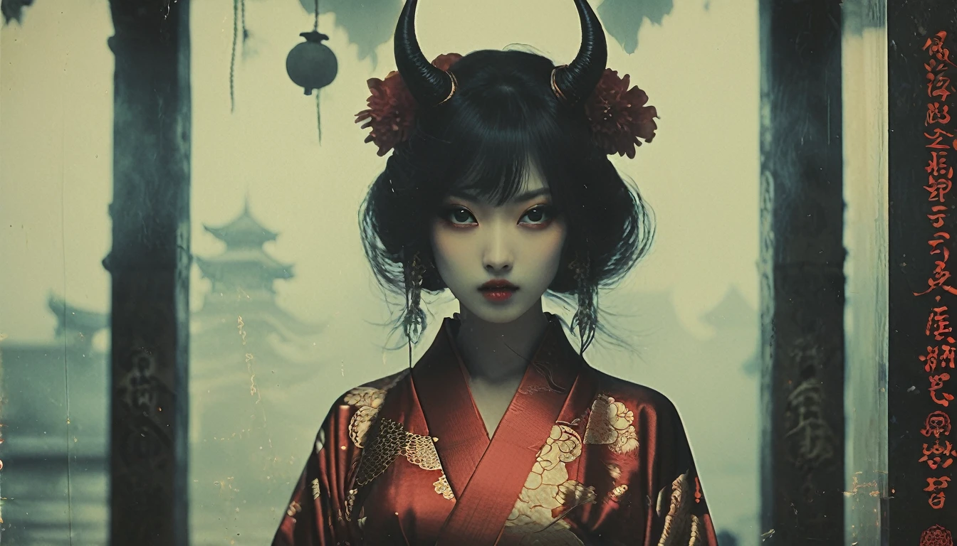 monster girl, solo, oni girl, horns, kimono, japanese temple, spirits, yokai, vampire teeth --ar 4:5 --s 250