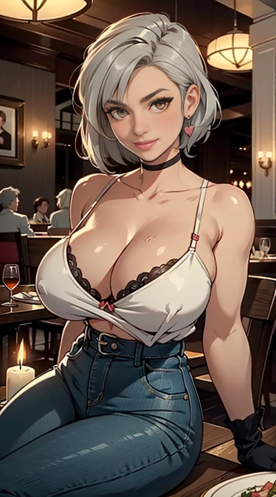MILFs, a one woman, breasts big, gigantic breastss, Breasts huge, Mature female, heavy breasts, short hair, (silver-haired), light-skinned female, orange eyes, big-ass, Curvilinear waist, breasts resting on the table, with chin resting on hand, shoulders resting on the table, , Looking at Viewer, bra edges on sweater, sensual cleavage, full breasts, breasts larger than the head, mature face, curvy female, thick-thighs, voluptuous female, black belt, delicate gloves, bra strap appearing, soft tits, female focus, Mom's breasts, mommy, charming countenance, Imposing female, high waisted jeans, cloth sweater, teasing with your breasts, sitting on a restaurant chair, a date, First-person view, in front of the suitor, Silly smile, hearts over the head, plates with food on the table, candle lighting, in an elegant restaurant, glass of wine on the side, sitting in front of the viewer, (sitting at a table in a restaurant), upper body shot, partially visible body, crowded restaurant in the background, in the nighttime, Romantic mood, silver-haired