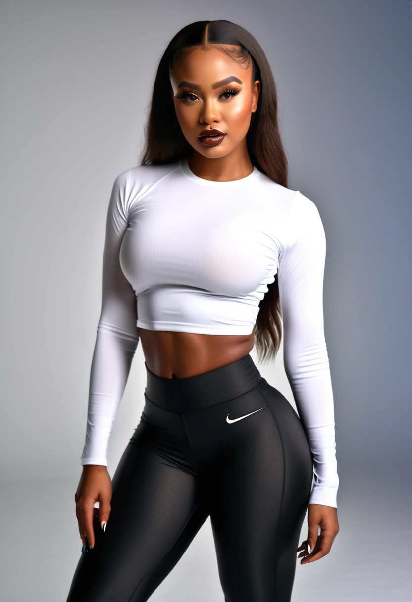 a beautiful African American woman, a small waist, wide hips, large curvy butt, wearing tight black leggings, a white crop top, hyper realistic, extremely detailed, 8k, photorealistic, studio lighting, cinematic, dramatic lighting, glowing skin, flawless makeup, mesmerizing eyes, full luscious lips, long eyelashes, elegant pose, confident expression, vibrant colors, dynamic composition, confidently walking down a city street. 