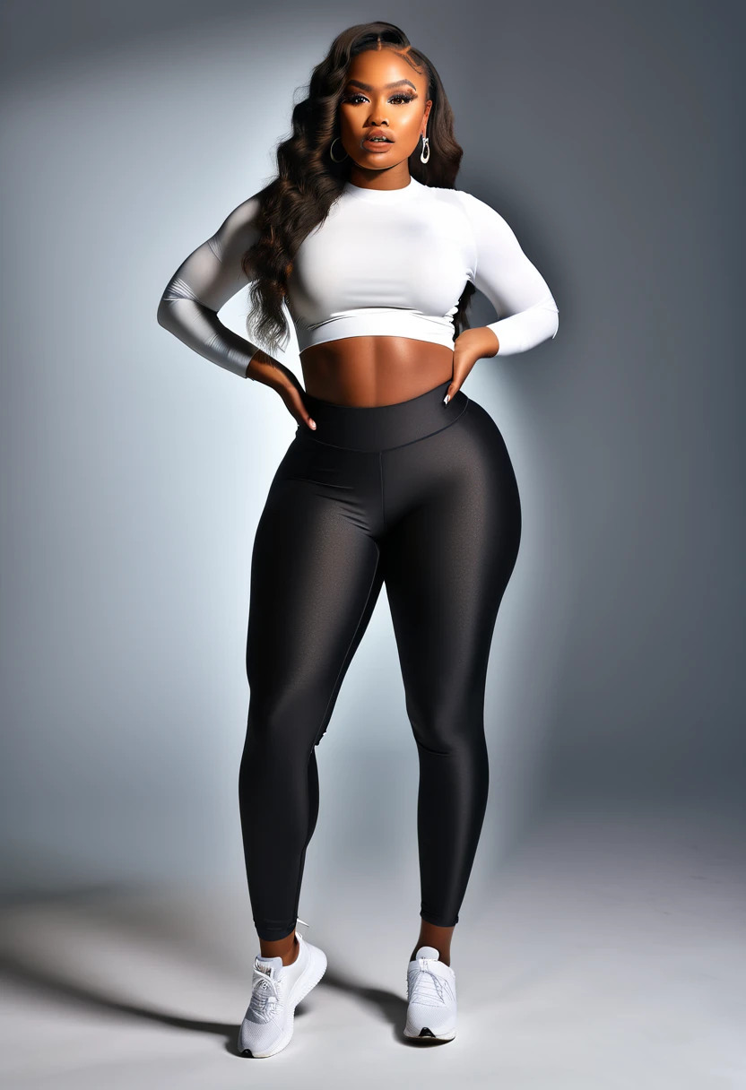 a beautiful African American woman, a small waist, wide hips, large curvy butt, wearing tight black leggings, a white crop top, hyper realistic, extremely detailed, 8k, photorealistic, studio lighting, cinematic, dramatic lighting, glowing skin, flawless makeup, mesmerizing eyes, full luscious lips, long eyelashes, elegant pose, confident expression, vibrant colors, dynamic composition, confidently walking down a city street. 