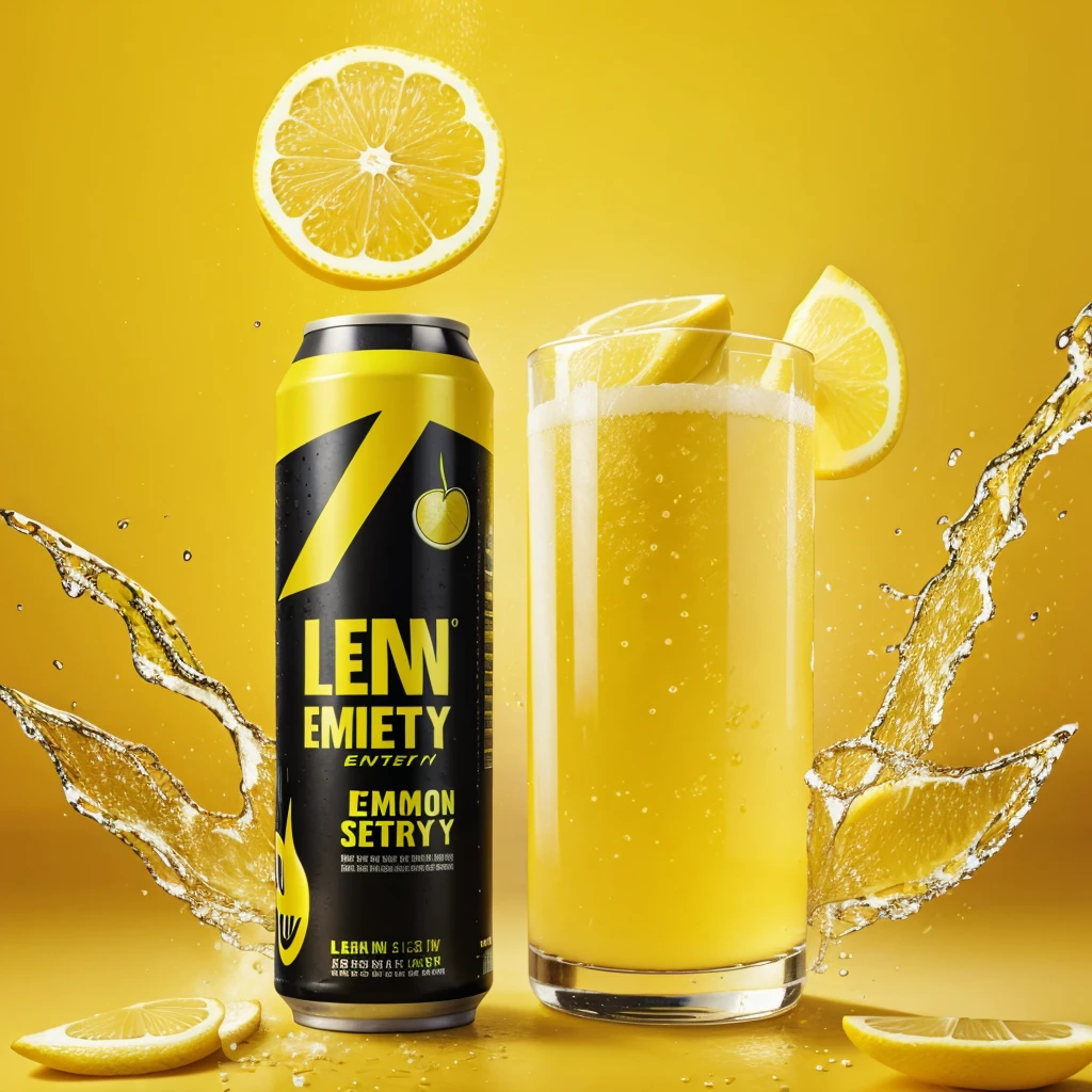 Lemon energy drink ad lemon and water flying in background yellow background