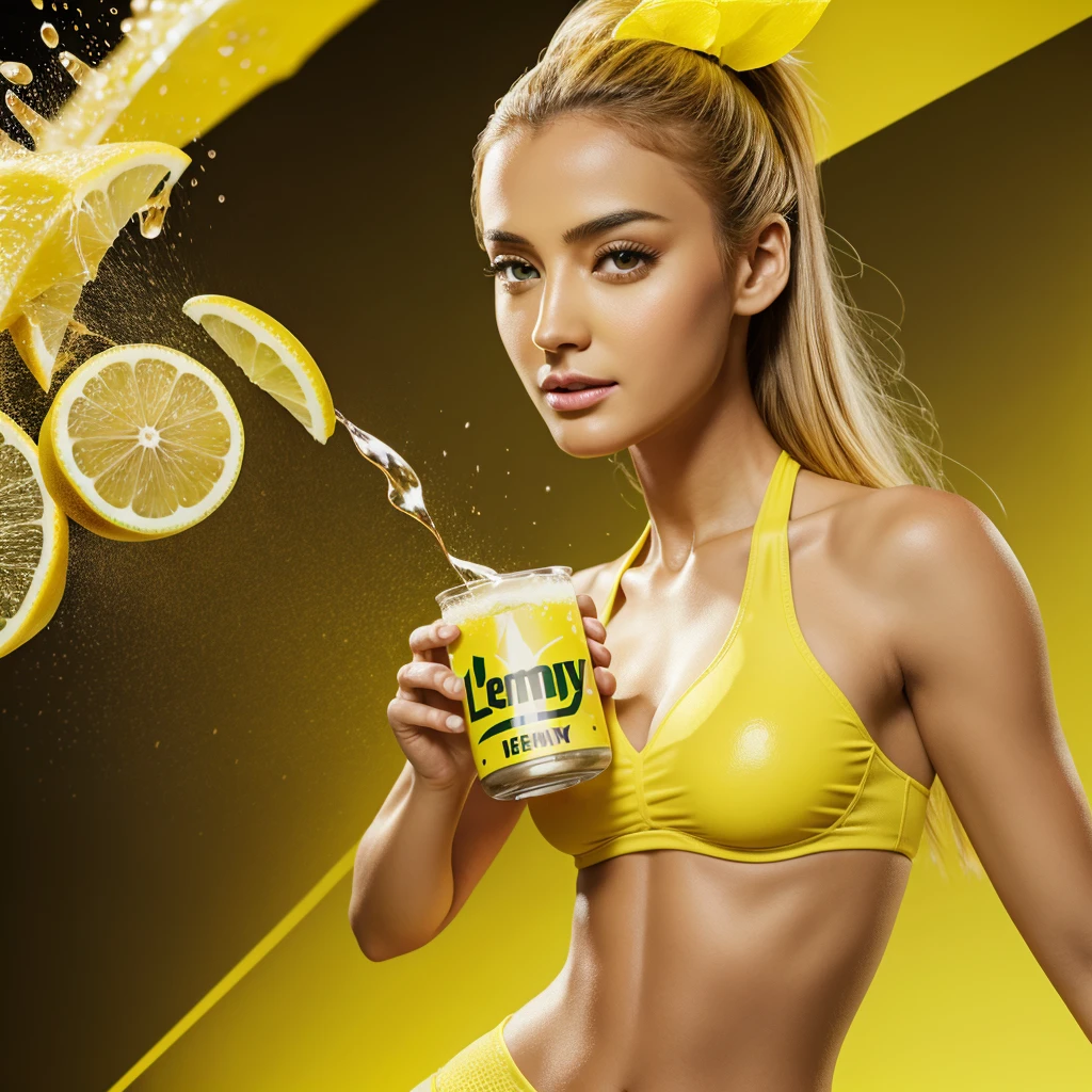 Lemon energy drink ad lemon and water flying in background yellow background