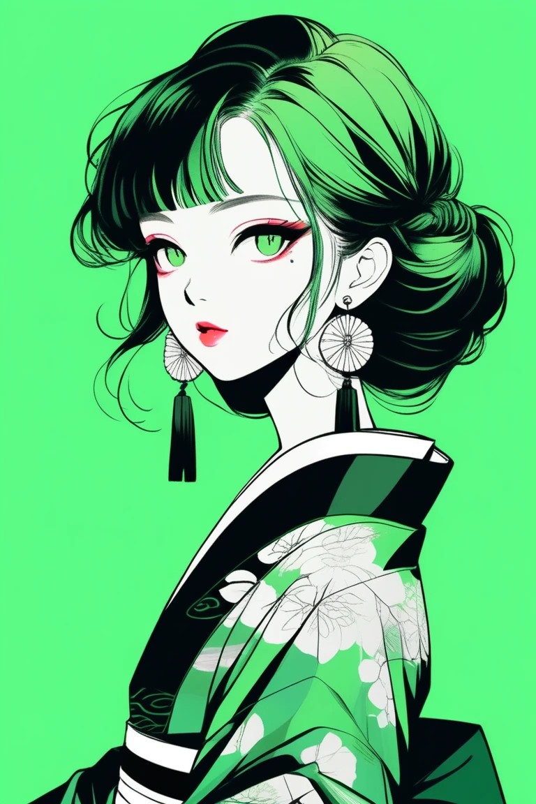 (best quality, sketch:1.2),realistic,illustrator,anime,1 girl, detailed lips, kimono,custom, black and green gradient background,neon hair,textured cropping, masterpiece, style retro classic, noir style , Japanese style 