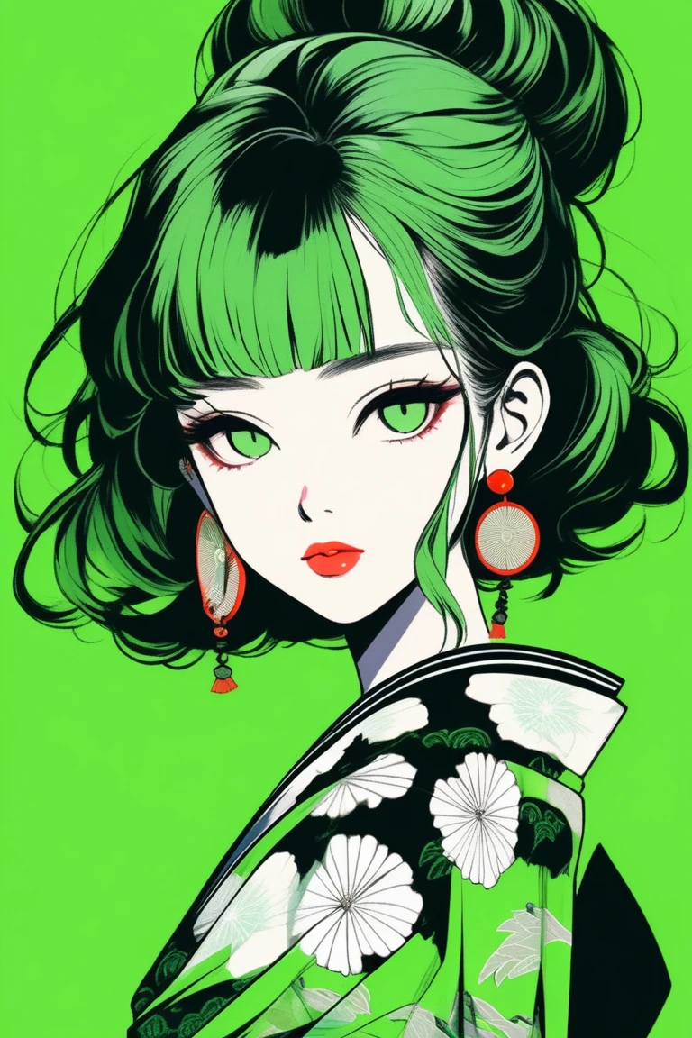(best quality, sketch:1.2),realistic,illustrator,anime,1 girl, detailed lips, kimono,custom, black and green gradient background,neon hair,textured cropping, masterpiece, style retro classic, noir style , Japanese style