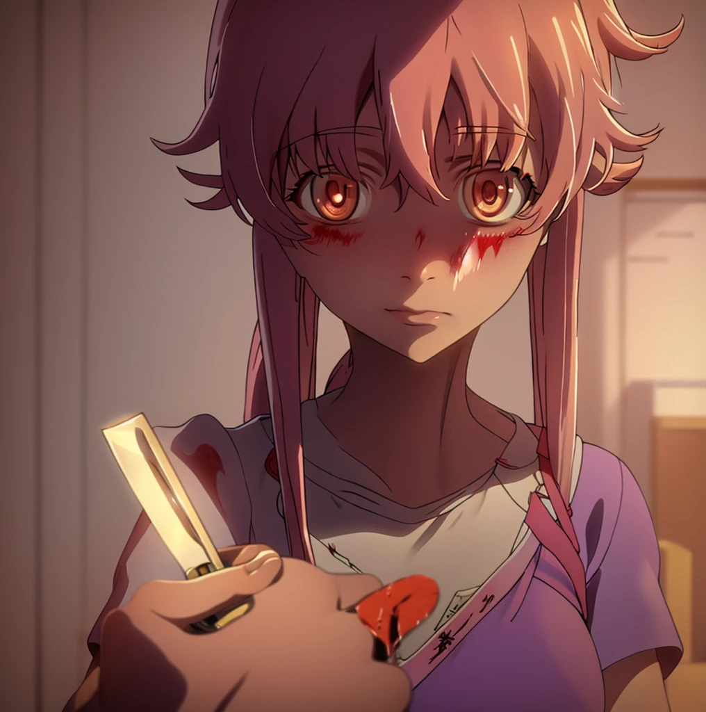 yuno gasai wearing a  at school while holding a knife, have blood on her face, soft smile, blushes, detailed eye, hd quality