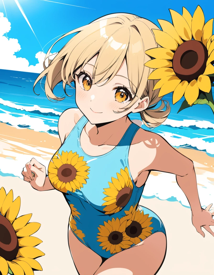 ultra detailed beautiful moe anime, Under the summer sun, there is a girl on the beach. She is wearing a bright swimsuit with a sunflower pattern. The swimsuit shines under the sun, radiating a bright atmosphere around her. She starts running towards the sea, playing with the waves with a smile. It’s as if a single sunflower is blooming on the seashore, pop color, flat color