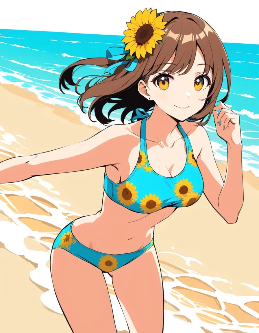 ultra detailed beautiful moe anime, Under the summer sun, there is a girl on the beach. She is wearing a bright swimsuit with a sunflower pattern. The swimsuit shines under the sun, radiating a bright atmosphere around her. She starts running towards the sea, playing with the waves with a smile. It’s as if a single sunflower is blooming on the seashore, pop color, flat color