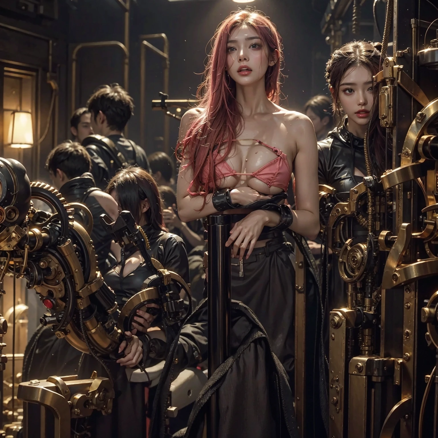 Highest quality、Surreal、Perfect Anatomy、In the middle of a crowded arena、Surrounded by spectators、Crowd、Wet and shiny white skin、Sweat dripping all over the body、Slender model figure、Ahegao、Golden and pink hair、soaked、Super small face、Ahegao、Collars and Leads、Cyberpunk Girl、photo shoot、Black micro bikini、latex、Heart decoration、Cleavage、Dripping blood、Complex Machine Parts、Android、002