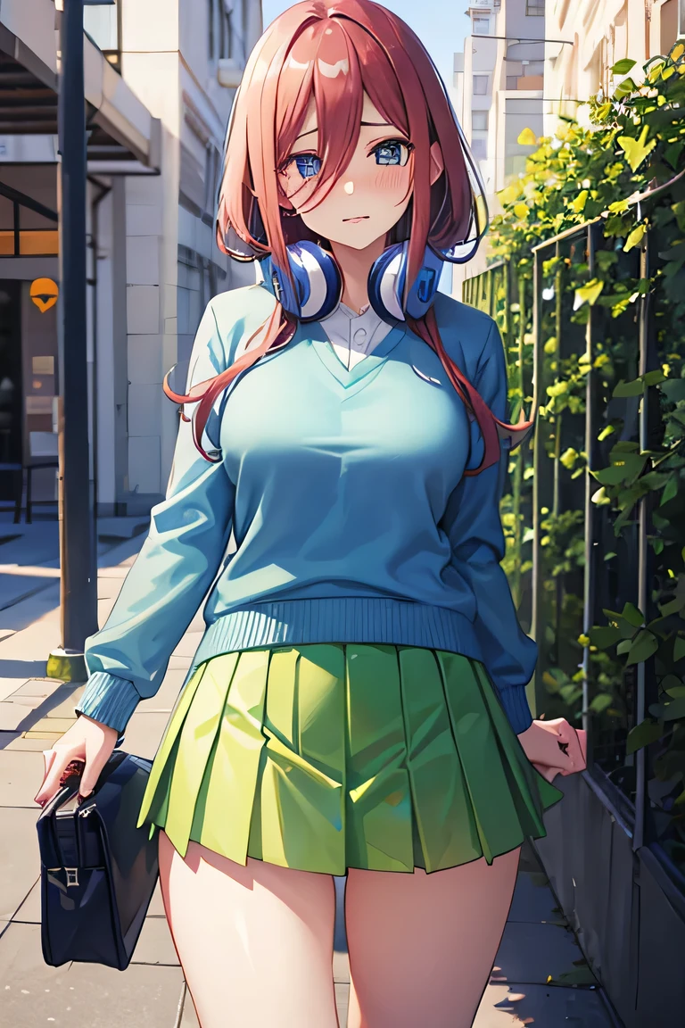 blue cardigan, green miniskirt,Meijiu,miku,Embarrassed expression