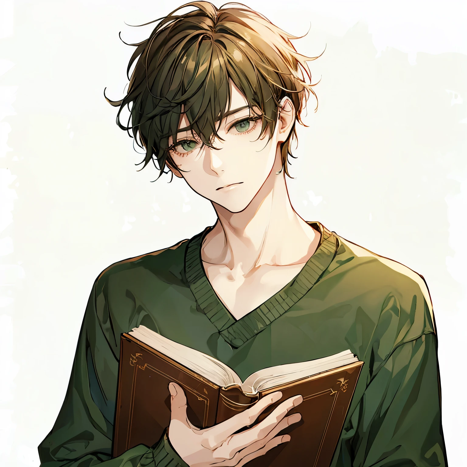 Highest quality、Highest quality、Green Hair、A man with sad eyes、aldult、White high neck shirt、Reading a book