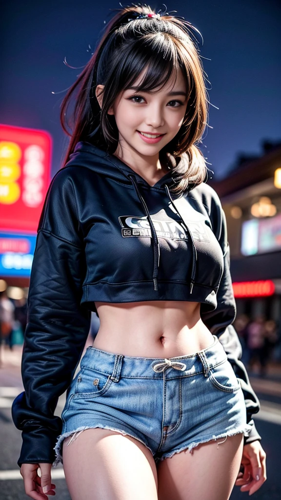 ((masterpiece, best quality, Highest image quality, high resolution, Reality, RAW photos, 8K)), Ultra wide angle, 1 Girl, (Lower Bust:1.4),(Smile:1.5),Colorful underwear,Disheveled long hair:1.35,Complex hairstyle,Beautiful and delicate eyes,(Lower abdomen,Willow Waist,Wide hips,Athlete physique,Inflatable legs,Detailed body), Cute big breasts,((((Cropped Hoodie,)))), (Dynamic poses:1.0),Just focus,Awkward,Neon lights are particularly eye-catching, at night, starry night, universe, Art Photography,(Photo by sldr),high resolution, Clear focus, (Realistic artwork:1.37),(extremely detaild的 CG unified 8k wallpapers),((Synthwave Background Theme)),(((Bright colors))),complex,It的 a perfect face,Perfect facial details,Realistic face,Live photos,