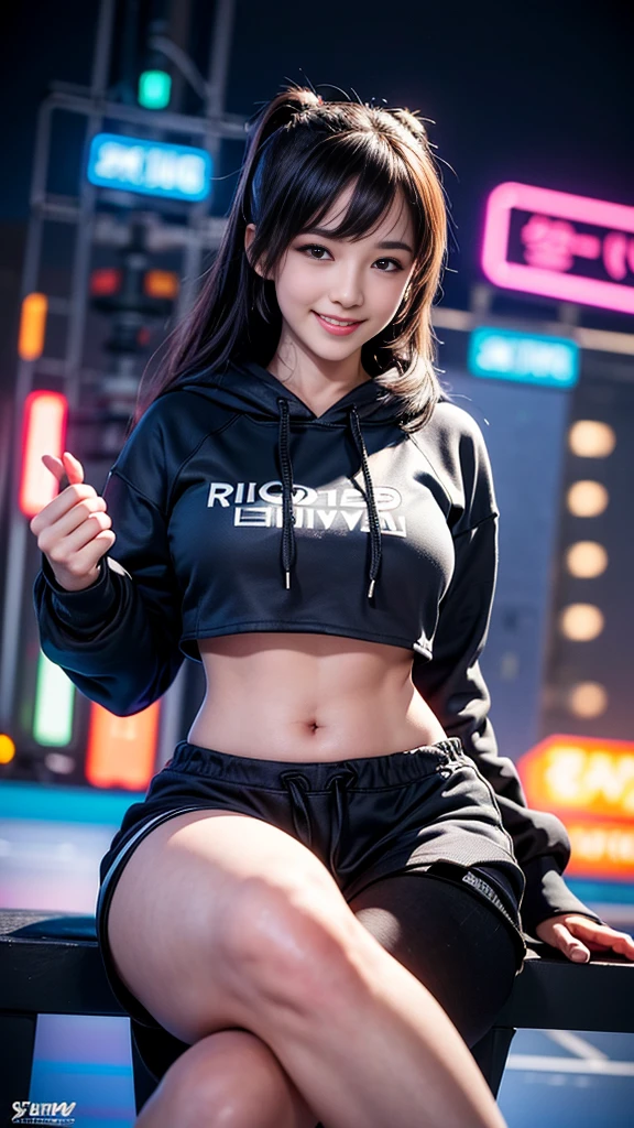 ((masterpiece, best quality, Highest image quality, high resolution, Reality, RAW photos, 8K)), Ultra wide angle, 1 Girl, (Lower Bust:1.4),(Smile:1.5),Colorful underwear,Disheveled long hair:1.35,Complex hairstyle,Beautiful and delicate eyes,(Lower abdomen,Willow Waist,Wide hips,Athlete physique,Inflatable legs,Detailed body), Cute big breasts,((((Cropped Hoodie,)))), (Dynamic poses:1.0),Just focus,Awkward,Neon lights are particularly eye-catching, at night, starry night, universe, Art Photography,(Photo by sldr),high resolution, Clear focus, (Realistic artwork:1.37),(extremely detaild的 CG unified 8k wallpapers),((Synthwave Background Theme)),(((Bright colors))),complex,It的 a perfect face,Perfect facial details,Realistic face,Live photos,