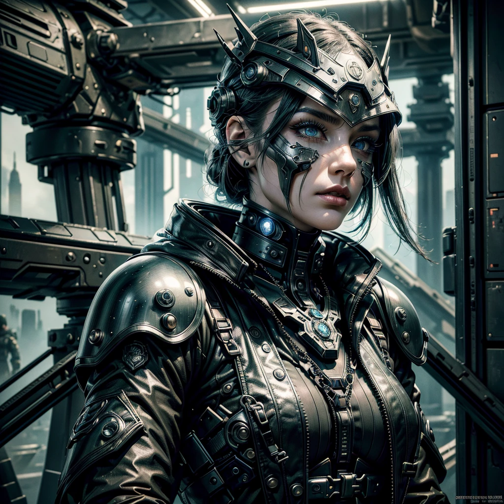 A woman in a gothic futuristic military uniform, commanding soldiers and surreal creatures on a battlefield, (1girl:1.2),(detailed facial features:1.3),beautiful detailed eyes,beautiful detailed lips,extremely detailed eyes and face,longeyelashes,intricate military uniform,tactical gear,futuristic cyberpunk elements,surreal mythological creatures,cyborgs with mechanical parts,fantasy creatures,military insignia,dramatic lighting,dystopian atmosphere,cinematic composition,(best quality,4k,8k,highres,masterpiece:1.2),ultra-detailed,(realistic,photorealistic,photo-realistic:1.37),HDR,UHD,studio lighting,ultra-fine painting,sharp focus,physically-based rendering,extreme detail description,professional,vivid colors,bokeh,cinematic,dark fantasy,science fiction