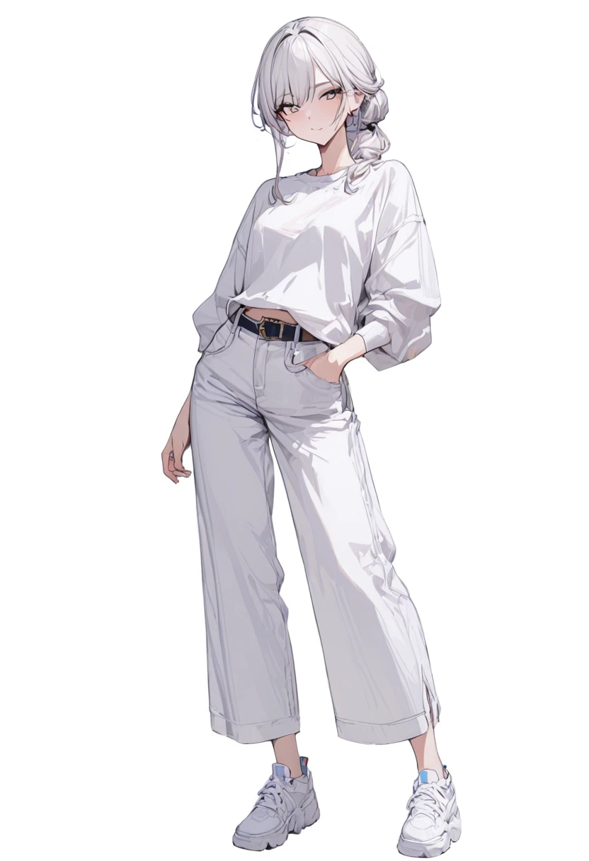 (Masterpiece, highest resolution: 1.2, 8K), Center, Full body, One girl, Casual hairstyle, Casual fashion, Wide pants, Simple sneakers, Simple background, Blank white background, Eyes open,