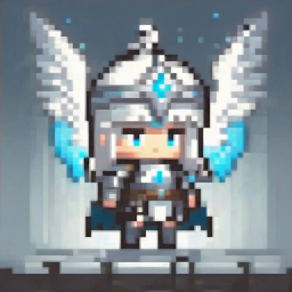  A chibi female character in shining silver and white Valkyrie armor from Norse mythology, wielding a glowing spear. She has swan wings and feathers, glowing ice-blue eyes, and elegant angelic horns. The spear glows with a holy light effect, and she is in a dynamic flying pose. The artwork features cinematic lighting and moody colors, in a digital art, concept art style.