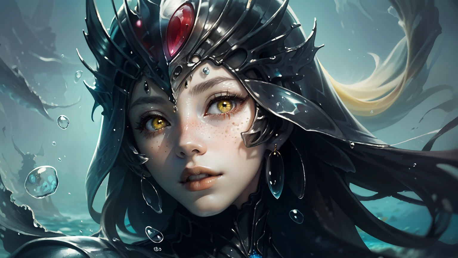 masterpiece, best quality), intricate details, (Best quality)), ((masterpiece)), ((realistic)), (hyperrealism:1.2), (fractal art:1.2), (1girl), (perfect face:1.3), ((red long hair)), extreme detailed eyes, colorful, highest detailed, Nami, fishbody, mermaid, scales, tail, water, ocean, waves, orange eyes, freckles, yellow green hair, (mermaid), (detailed fish), (glowing jellyfish, shining jellyfish:1.2), (bubbles:1.2), seaweed, (under the sea), water streaks, vibrant colors, high contrast, (8K UHD:1.2), (photorealistic:1.2), wearing dark grey metallic knight facial helmet with red ruby in center, dark grey metallic necklace, wearing dark grey metallic battle armor, faint red in the ocean in the background