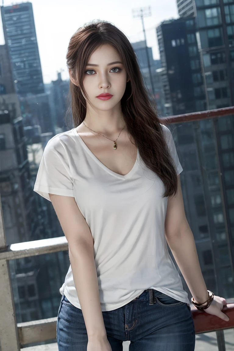 Claire Redfield from Resident Evil, posing seductively to viewer, solo:1, pov, beautiful thighs, front view
Sunny city background, long hair, 3/4 body, v neck blouse and long jeans