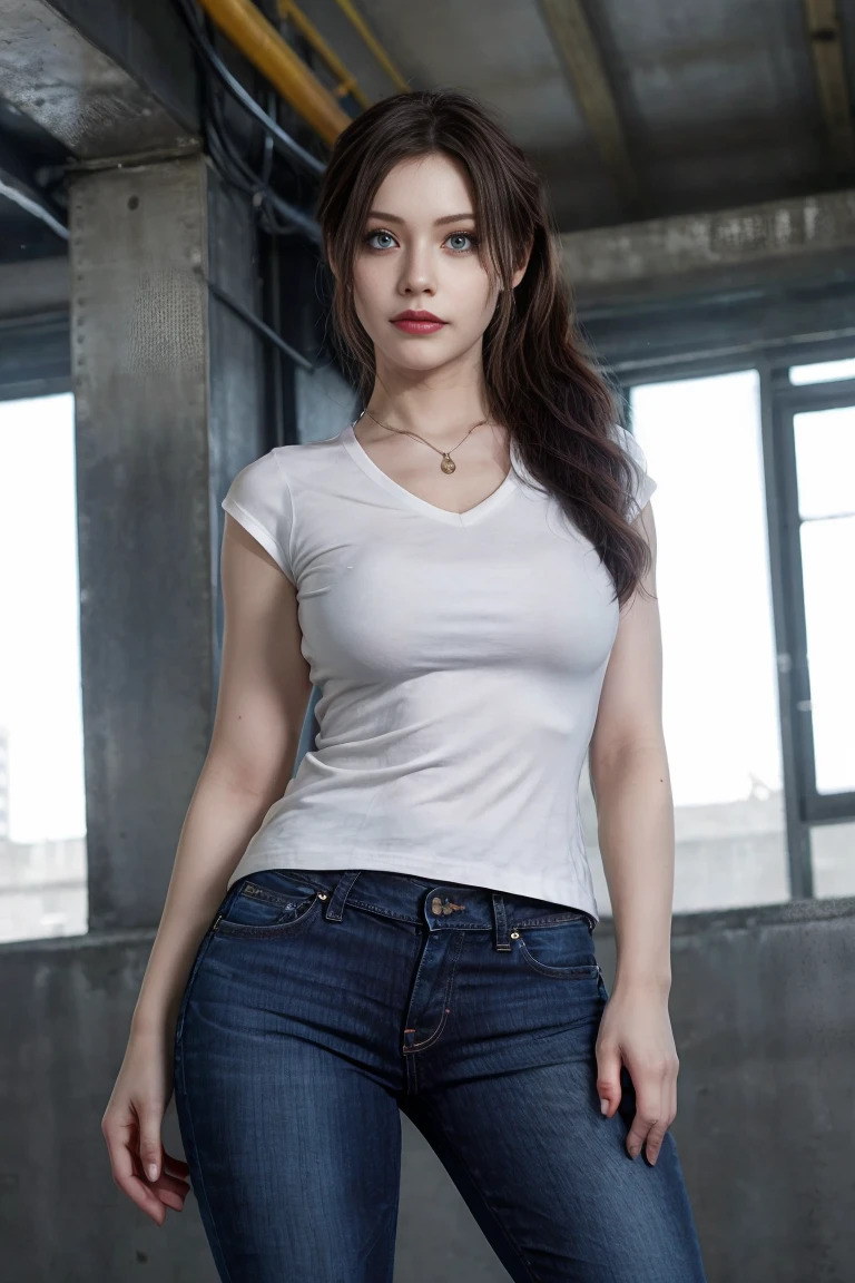 Claire Redfield from Resident Evil, posing seductively to viewer, solo:1, pov, beautiful thighs, front view
Sunny city background, long hair, 3/4 body, v neck blouse and long jeans