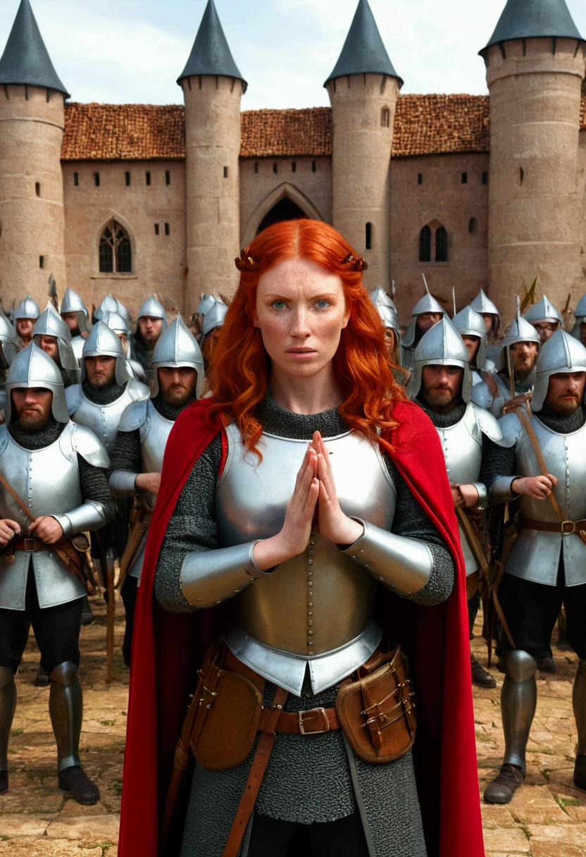 No pissing 3d style, a red-haired  in front of a medieval army 