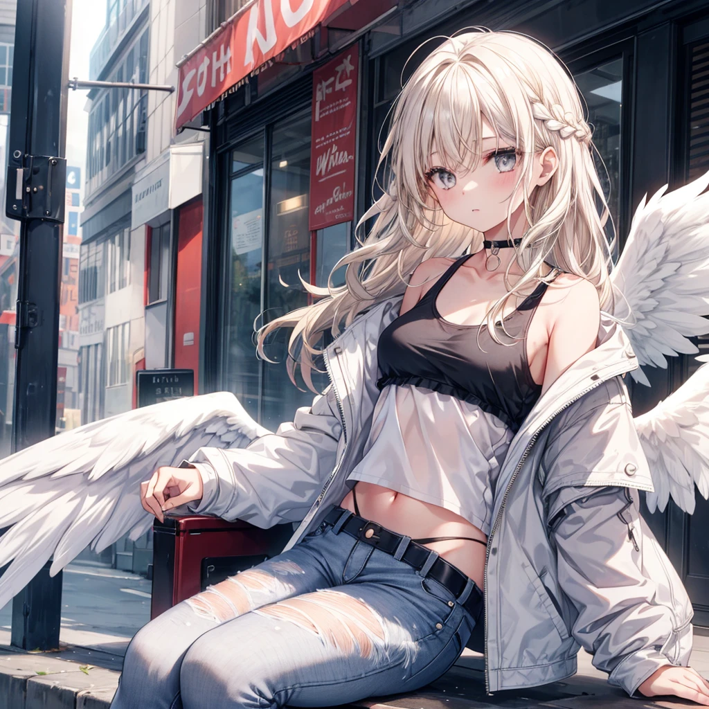 One girl, Medium chest, Blonde, Long Hair, Wavy Hair, Grey Eyes, White Feather Wings, Angel, Outdoor, White jacket, choker, Tank top, jeans