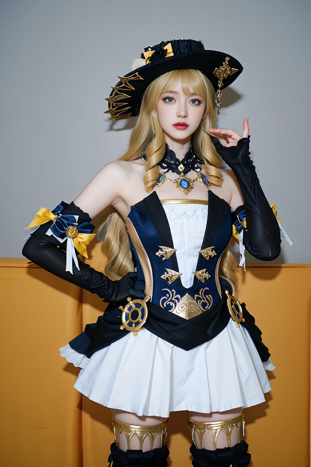 best quality, tmasterpiece,Ultra-high resolution,Clear face,(Reality:1.4),ferpect lighting,(upper body photo:1.3), (photorealistic:1.50), anime wallpaper, Guviz style artwork, cover-up fantasy up to magic , by Yang J, Guviz, beautiful artwork illustration, beautiful digital artwork, beautiful digital illustration, Li Song, beautiful anime portrait, art style in Beauvot, 1girl, 独奏,hat,blonde hair, long hair, drill hair, twin drills,Blue eyes, jewelry, flower, bare shoulders, black gloves,dress, thighhighs, thigh boots, boots, indoor, mirror, Curtain background, room,
