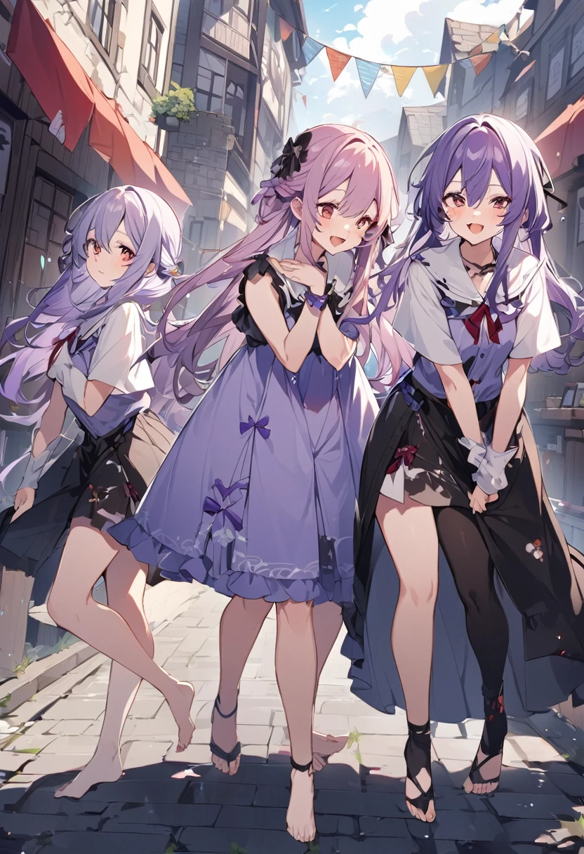 Keito。High 。barefoot。six sisters。They both have lavender hair。all female。Sextuplets。Asphalt road