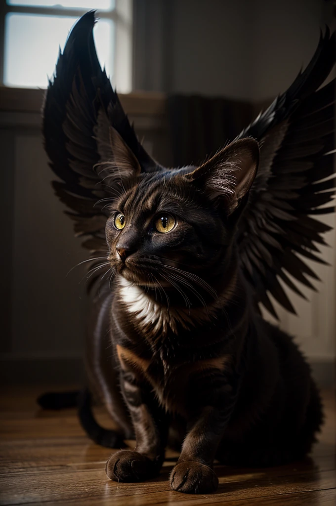 Hyperrealistic cat with wings, fantasy, wings, shallow depth of field, moody cat, fine texture, incredibly lifelike face