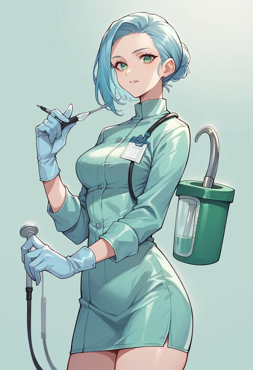 1girl, ((light blue gloves)), ((surgical gloves)), ((latex gloves)), ((green surgeon outfit)), looking at viewer, ((long sleeves)), ((blue doctor)), standing, solo
