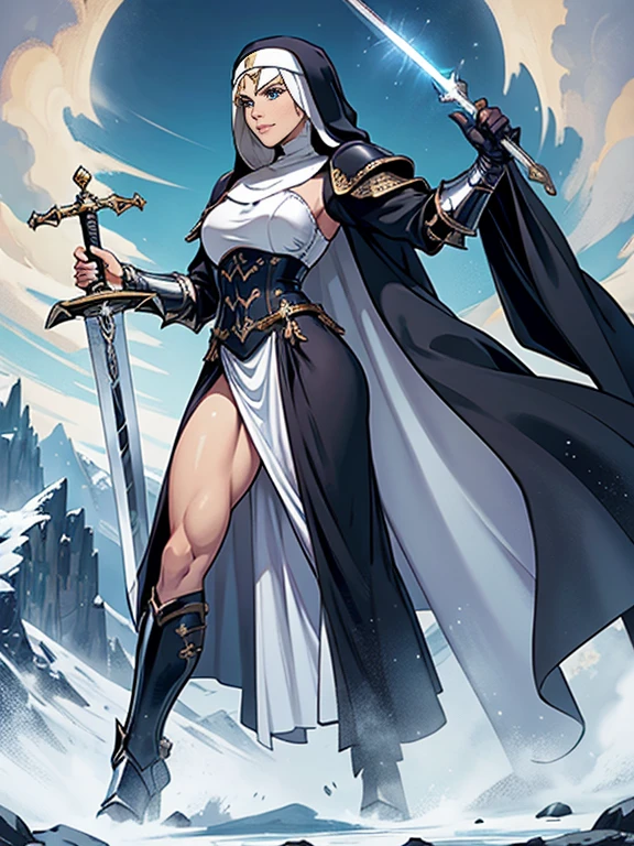 (masterpiece, top quality, best quality, official art, beautiful and aesthetic:1.2), (1girl:1.3), ((Sharp facial features, sharp features, hawkish features)), ((blue eyes)), busty brunette paladin knight girl, extremely detailed, portrait, looking at viewer, solo, (full body:0.6), detailed background, full-body shot, (warm mountain meadow theme:1.1), holy knight, (nun), charlatan, smirk, mysterious, swaying in mountains, armor, polished metal, gold trim, long boots, white fabric, pelvic curtain, robe, pale leather, ((((nun, greatsword, corona, holy aura, heavy armor, armored, long legs, pelvic curtain, toned, muscular)))), slim waist, slim hips, long legs, medieval (mountain exterior:1.1) background, dark mysterious lighting, shadows, magical atmosphere, dutch angle