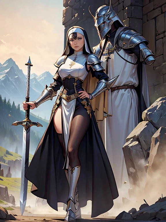 (masterpiece, top quality, best quality, official art, beautiful and aesthetic:1.2), (1girl:1.3), ((Sharp facial features, sharp features, hawkish features)), ((blue eyes)), busty brunette paladin knight girl, extremely detailed, portrait, looking at viewer, solo, (full body:0.6), detailed background, full-body shot, (warm mountain meadow theme:1.1), holy knight, (nun), charlatan, smirk, mysterious, swaying in mountains, armor, polished metal, gold trim, long boots, white fabric, pelvic curtain, robe, pale leather, ((((nun, greatsword, corona, holy aura, heavy armor, armored, long legs, pelvic curtain, toned, muscular)))), slim waist, slim hips, long legs, medieval (mountain exterior:1.1) background, dark mysterious lighting, shadows, magical atmosphere, dutch angle