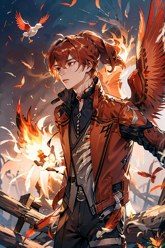 (masterpiece, best quality), 1 male, mature, aged up:1.4, tall muscular guy, broad shoulders, finely detailed eyes and detailed face, extremely detailed CG unity 8k wallpaper, intricate details, Fantasy, red hair, red flowers background,diluc (genshin impact), red eyes, ((red and orange bird feathers made of fire flying around him, lots of fire feathers)), red leather jacket, black collar, high ponytail red hair ((((flying red feathers))))