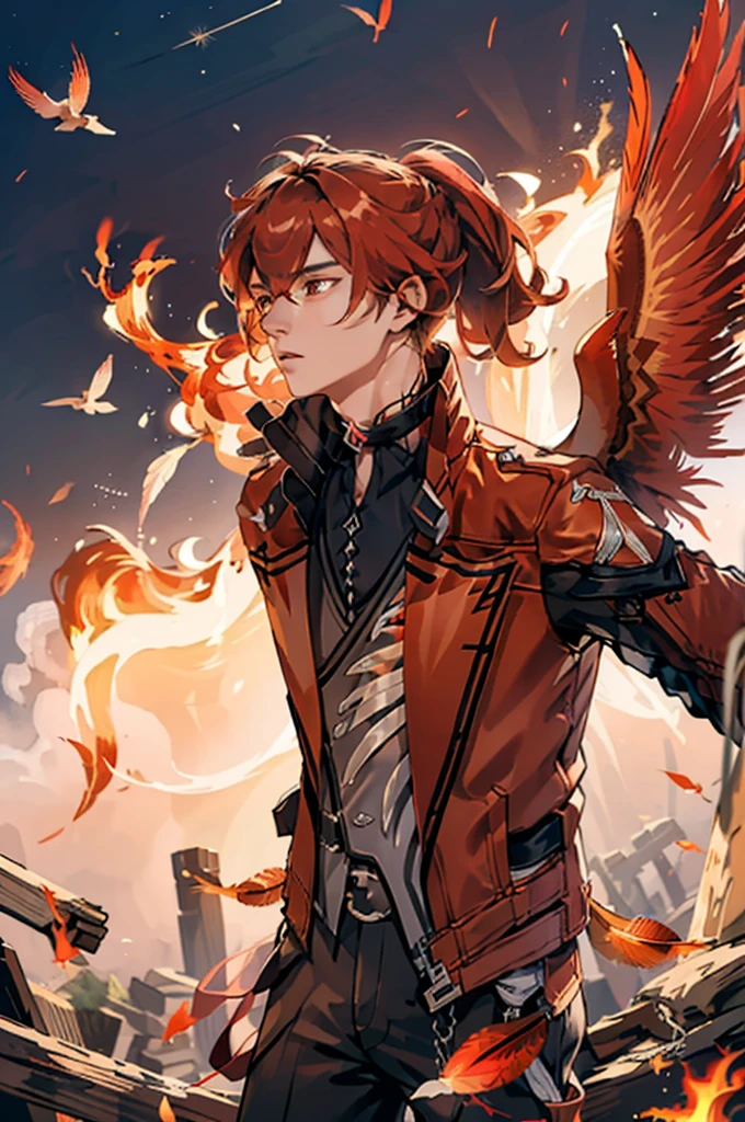(masterpiece, best quality), 1 male, mature, aged up:1.4, tall muscular guy, broad shoulders, finely detailed eyes and detailed face, extremely detailed CG unity 8k wallpaper, intricate details, Fantasy, red hair, red flowers background,diluc (genshin impact), red eyes, ((red and orange bird feathers made of fire flying around him, lots of fire feathers)), red leather jacket, black collar, high ponytail red hair ((((flying red feathers))))