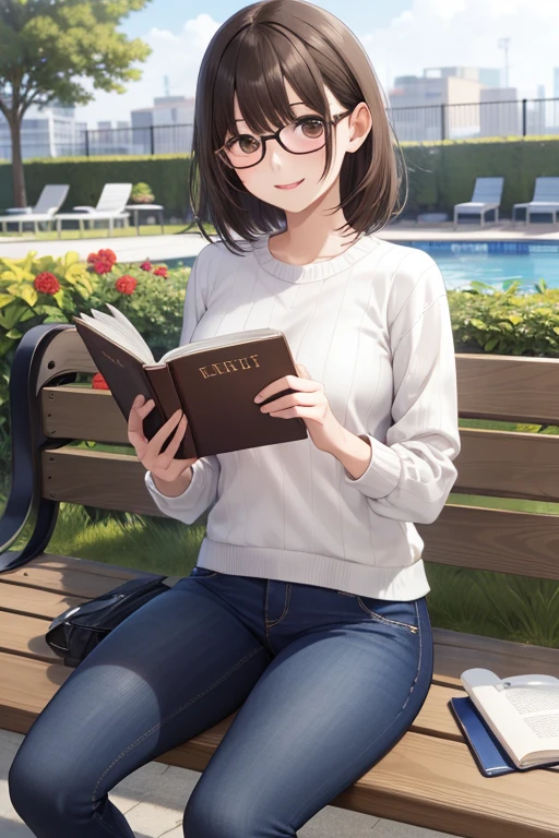 anegasaki nene、Shiny brown hair, short hair, (Beautiful brown eyes、Sparkling eyes, Fine grain)、smile、超detailedな目、非常にdetailedな顔, 非常にdetailedな目,


((Highest quality, masterpiece:1.3, 8k)), (detailed), highly detailed face and skin texture, detailed eyes, , (Sitting and reading a book:1.1), 
garden, Pool, bench, whole body, (Slender body:1.1), One girl, Age 25, White skin,  Bright lips, 魅惑的なsmile, 
 (Thin-rimmed glasses:1.0), Green Sweater, Jeans pants, Skinny jeans, Blue Jeans, 