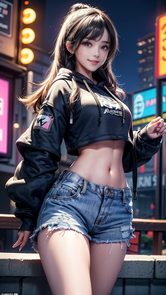 ((masterpiece, best quality, Highest image quality, high resolution, Reality, RAW photos, 8K)), Ultra wide angle, 1 Girl, (Lower Bust:1.4),(Smile:1.5),Colorful underwear,Disheveled long hair:1.35,Complex hairstyle,Beautiful and delicate eyes,(Lower abdomen,Willow Waist,Wide hips,Athlete physique,Inflatable legs,Detailed body), Cute big breasts,((((Cropped Hoodie,)))), (Dynamic poses:1.0),Just focus,Awkward,Neon lights are particularly eye-catching, at night, starry night, universe, Art Photography,(Photo by sldr),high resolution, Clear focus, (Realistic artwork:1.37),(extremely detaild的 CG unified 8k wallpapers),((Synthwave Background Theme)),(((Bright colors))),complex,It的 a perfect face,Perfect facial details,Realistic face,Live photos,