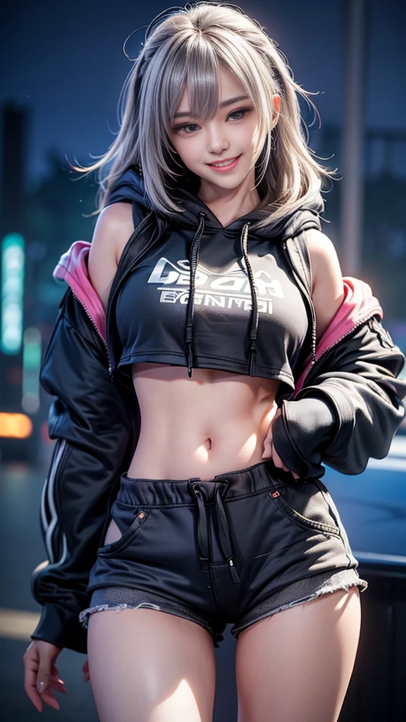 ((masterpiece, best quality, Highest image quality, high resolution, Reality, RAW photos, 8K)), Ultra wide angle, 1 Girl, (Lower Bust:1.4),(Smile:1.5),Colorful underwear,Disheveled long hair:1.35,Complex hairstyle,Beautiful and delicate eyes,(Lower abdomen,Willow Waist,Wide hips,Athlete physique,Inflatable legs,Detailed body), Cute big breasts,((((Cropped Hoodie,)))), (Dynamic poses:1.0),Just focus,Awkward,Neon lights are particularly eye-catching, at night, starry night, universe, Art Photography,(Photo by sldr),high resolution, Clear focus, (Realistic artwork:1.37),(extremely detaild的 CG unified 8k wallpapers),((Synthwave Background Theme)),(((Bright colors))),complex,It的 a perfect face,Perfect facial details,Realistic face,Live photos,