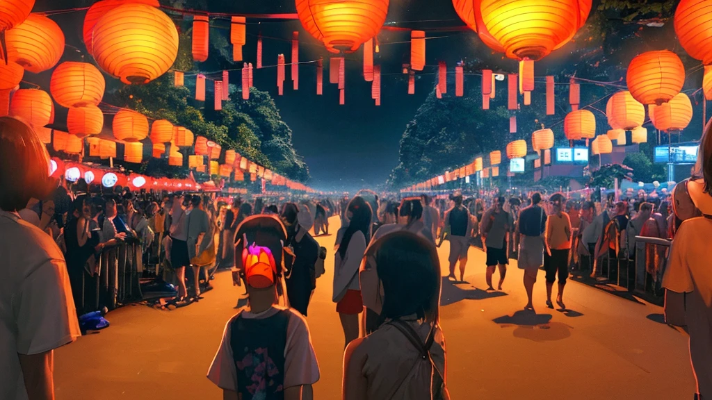 At the end of the night summer festival、not popular、A fantastic light illuminates the surroundings、Ultra-high resolution、8k、16K、Japanese Summer Festivals、Return、The bittersweet feeling of a summer night ending as lanterns cast a warm light into the night sky、Amazingly beautiful and heartbreaking