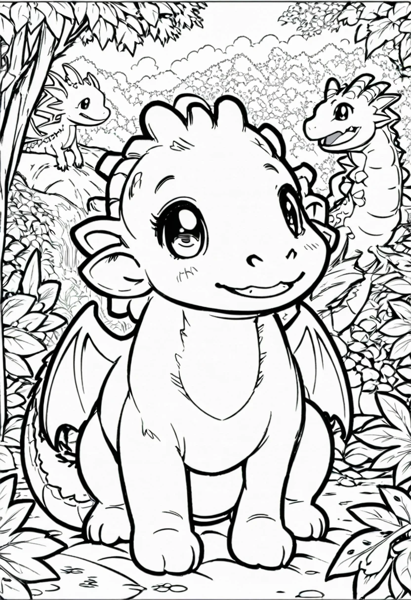 a coloring page of a dragon sitting in the forest, cute little dragon, newborn dragon, dragon in the background, line art coloring page, coloring pages, coloring book outline, coloring page, coloring in black and white, coloring book page, coloring - in sheet, coloring pages