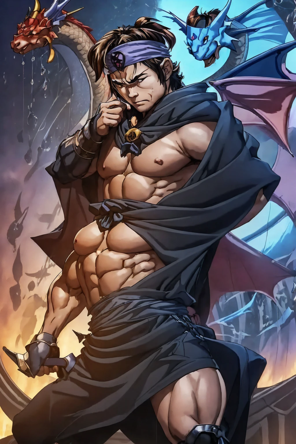 ((cape, black robe, headband, 2 dragons)),Huge erect penis､Well-trained muscles,14-year-old boy,Face in pain,Crying face,Drooling,Protruding veins in the body,Bodybuilder-like muscles,Ejaculating penis,Sexy nipples,((AshtonAnchors)),squat,Ejaculate a lot,Trembling,Expressions of drowning in pleasure,Take medication,2boy～4boy,Muscular thighs,Penis bigger than a foot,Flying in the sky