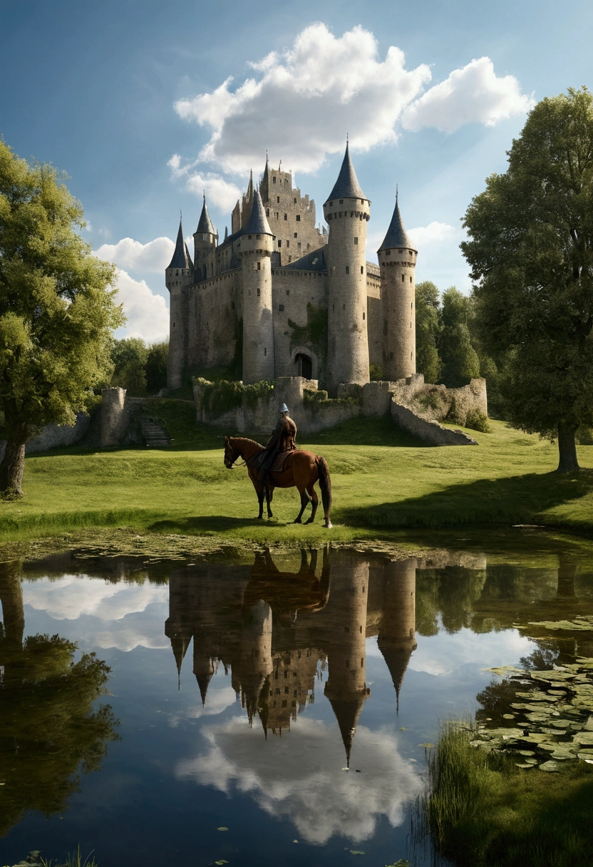 There is a man on a horse next to a medieval castle, which is reflected in a pond, photorealistic high definition