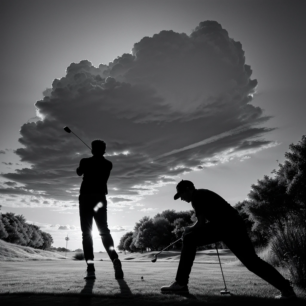 A 2d coloring page silhouette of a man playing golf without color.