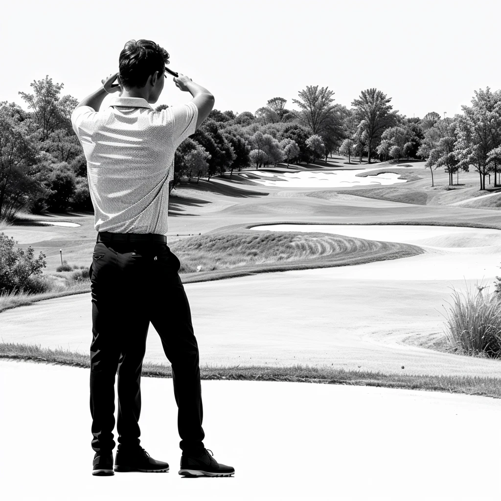 A 2d coloring page silhouette of a man playing golf without color.