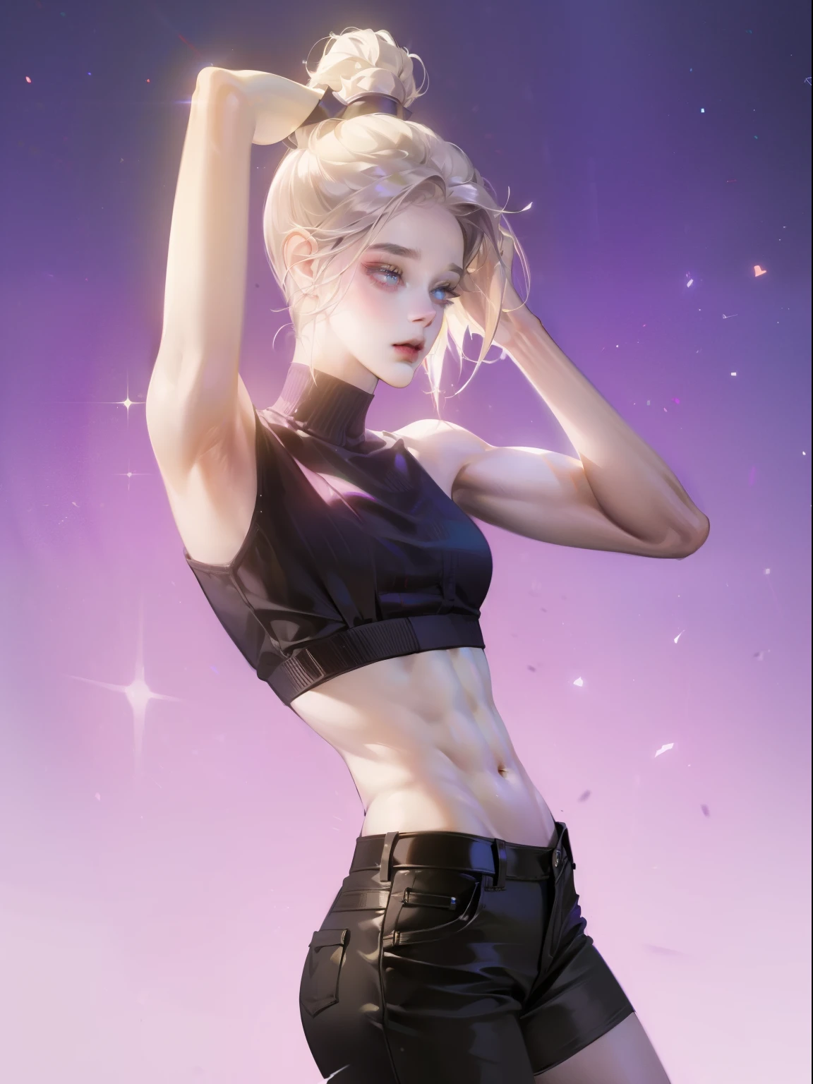 ((best quality, 8K, masterpiece :1.3)), 1 Girl, Pretty woman with emphasized slim abdominal muscles :1.3, (Casual hairstyle 1.2), Oversized vest :1.2, Ultra-fine face, Delicate eyes, Double eyelids